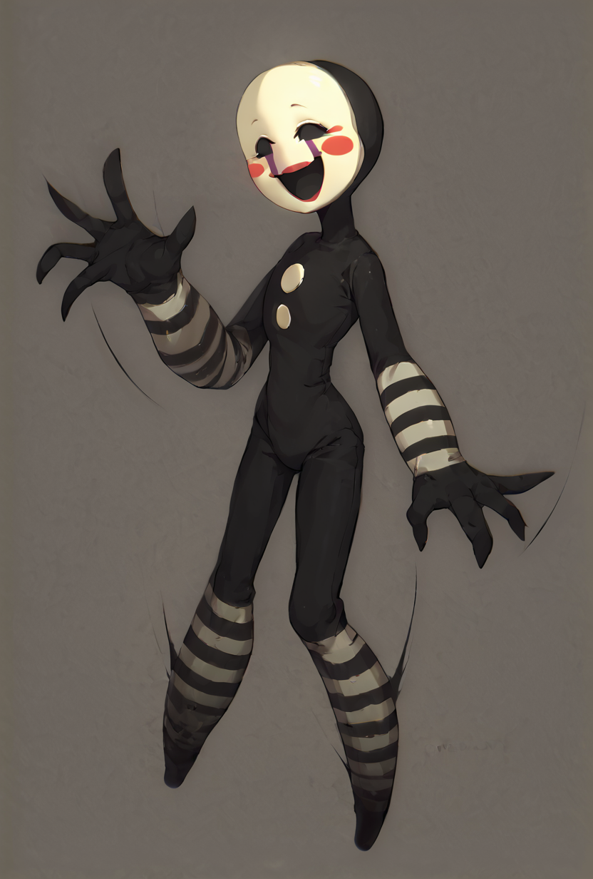 score_9, score_8_up, score_7_up,  looking at viewer, smiling,  <lora:puppet-10:1> puppet, solo, 1girl, white mask, black bodysuit, smile, open mouth, blush stickers, striped, purple tears,  <lora:Slashers_Abandoned_Subway_Station_Style_Background:1> SGMSubway , ray tracing, full body, ((no pupils, no eyes, eyeless, ,black sclera))