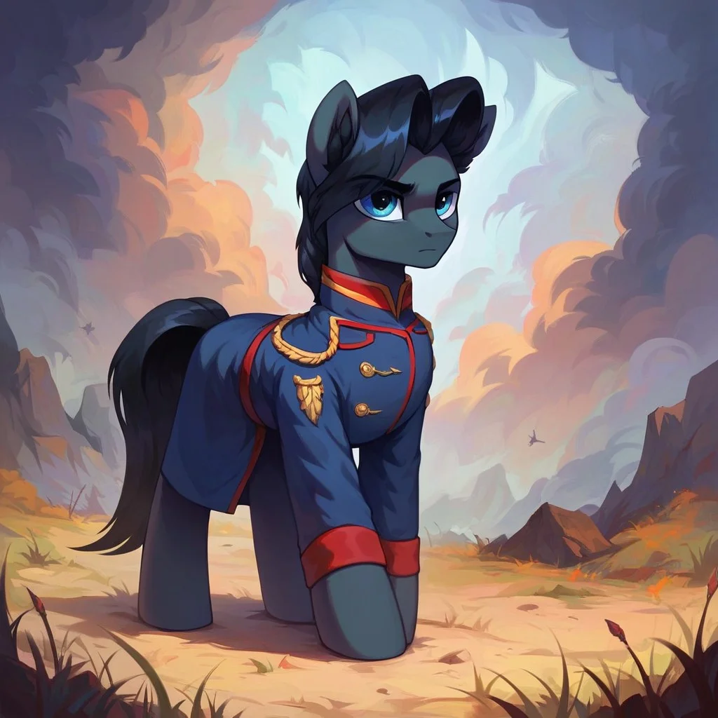 masterpiece, score_9_up, score_8_up, score_7_up, score_6_up, (best quality:1.1), ultra-detailed, high resolution, solo, Sinister Serov, pony, mlp, feral, thin eyebrows, blue eyes, stallion, male, pony ears, black ear fluff, black skin, black mane, tail BREAK standing on a hill overlooking a battlefield, intense expression, (military uniform), smoke in the background, dramatic lighting, stormy sky, epic atmosphere, sharp focus, highly detailed clouds and terrain, sharp focus, anatomically correct, detailed background