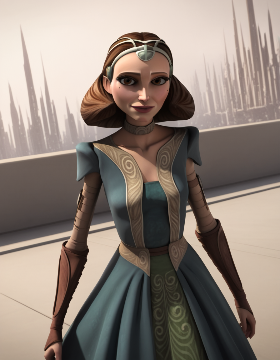 score_9, score_8_up, score_7_up, source_anime,
<lora:clonewars-padme-amidala-s3-ponyxl-lora-nochekaiser:1>, padme amidala, brown hair, brown eyes, realistic, mole, mole under eye, long hair, lips, 3d,
dress, tiara, wavy air, green dress, collarbone, breast, skirt, long skirt, green skirt,
outdoors, smile,
looking at viewer, cowboy shot, dutch angle, solo,