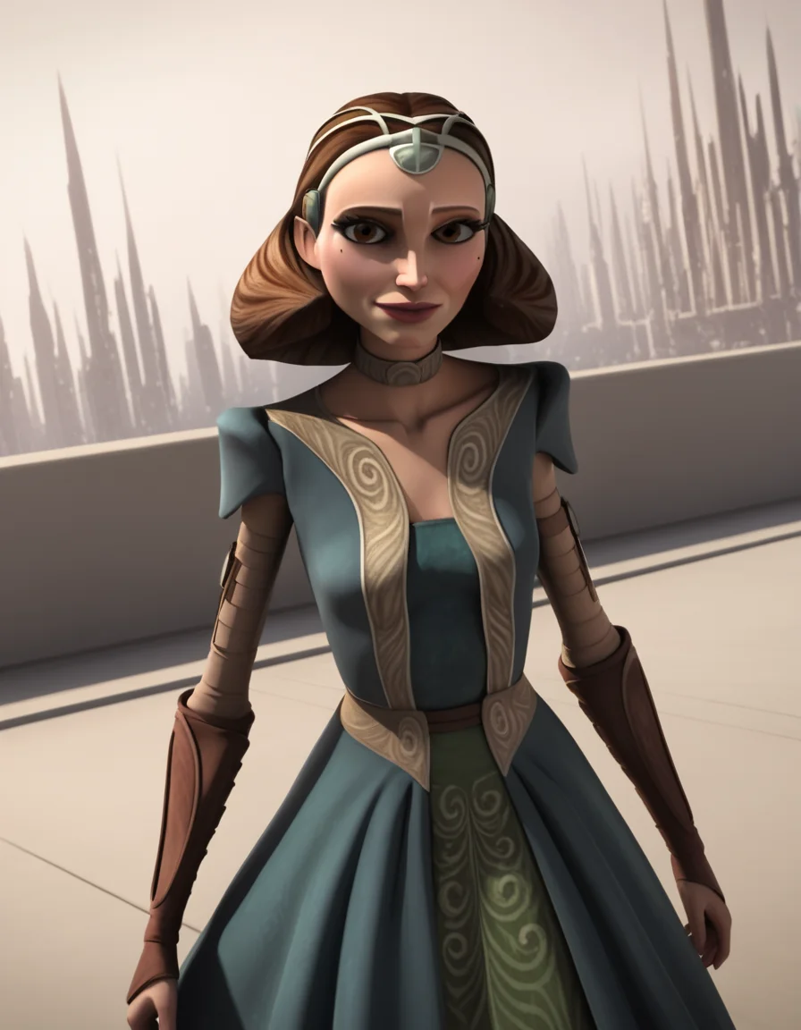score_9, score_8_up, score_7_up, source_anime,
<lora:clonewars-padme-amidala-s3-ponyxl-lora-nochekaiser:1>, padme amidala, brown hair, brown eyes, realistic, mole, mole under eye, long hair, lips, 3d,
dress, tiara, wavy air, green dress, collarbone, breast, skirt, long skirt, green skirt,
outdoors, smile,
looking at viewer, cowboy shot, dutch angle, solo,