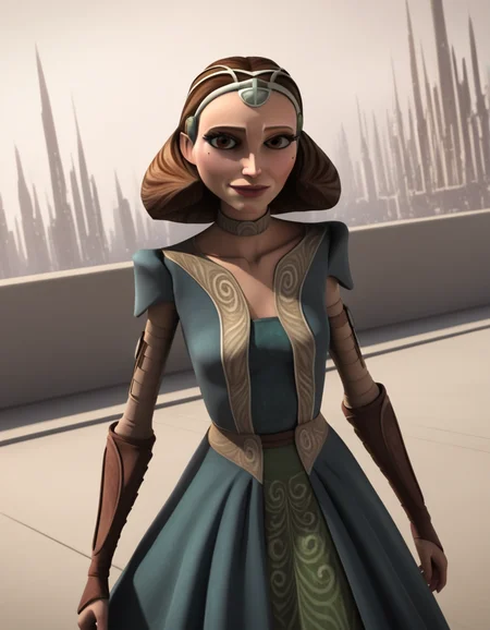 score_9, score_8_up, score_7_up, source_anime,
<lora:clonewars-padme-amidala-s3-ponyxl-lora-nochekaiser:1>, padme amidala, brown hair, brown eyes, realistic, mole, mole under eye, long hair, lips, 3d,
dress, tiara, wavy air, green dress, collarbone, breast, skirt, long skirt, green skirt,
outdoors, smile,
looking at viewer, cowboy shot, dutch angle, solo,