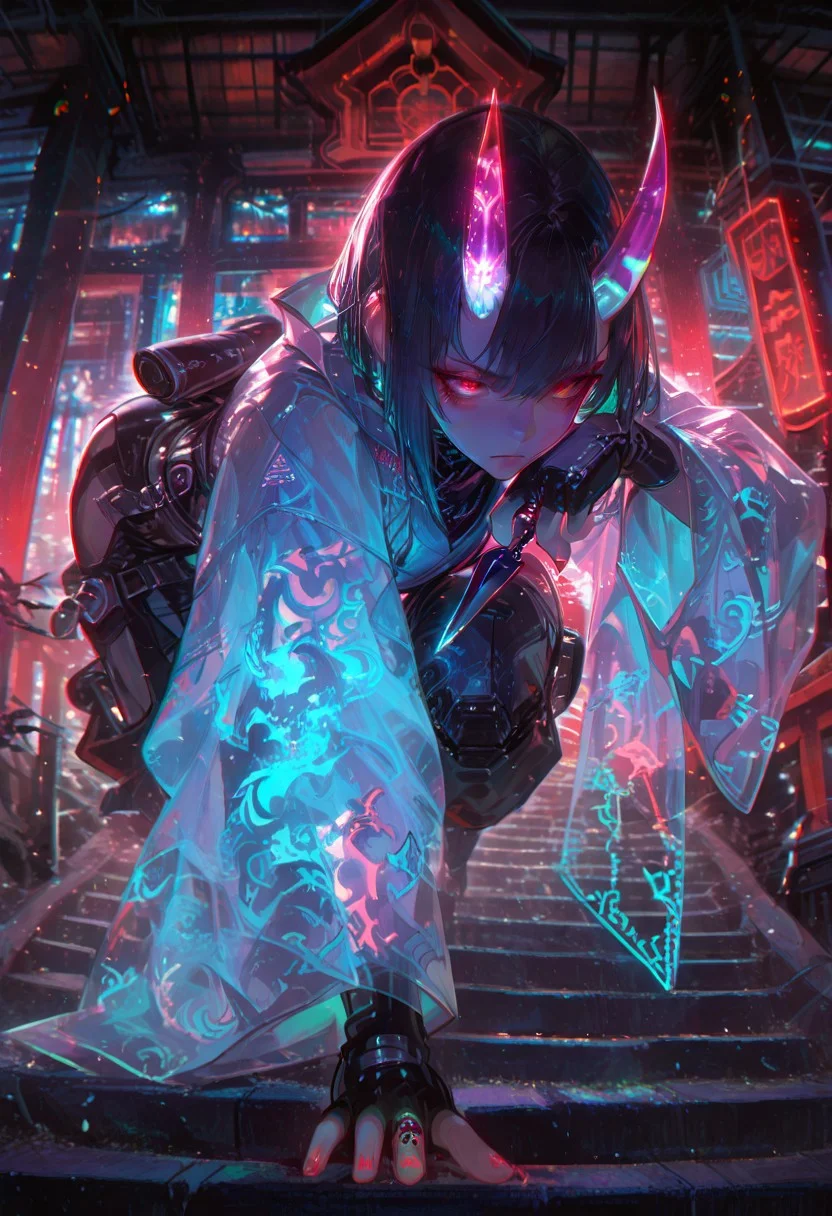 masterpiece, best quality, amazing quality, very aesthetic, absurdres, newest, volumetric lighting, holographic colors, cute, gradient colors, dark background, masterpiece, best quality, amazing quality, very aesthetic, absurdres, newest, volumetric lighting,1girl,
BREAK
nsfw,
ambient occlusion, raytracing, soft lighting, blum effect, masterpiece, absolutely eye-catching, particles, glow, shining, intricate cinematic background, (beautiful face),
BREAK
masterpiece, highly detailed,detailed eyes, 1girl, detached virtual oni horns, Putting on a virtual holographic oni mask with red glowing eyes and wielding 2 glowing green neon kunai while throwing several kunais with the other hand while covering her face in defense position , Shinobi shozoku, cyber ninja wear,, from front , detailed background, full body,dynamic ninja pose, , short hair, , closed mouth, ring, see-through, , gloves, ,, jewelry, cyberpunk shrine, shrine background, neon nail polish, fingernails,straight virtual cyper oni horns, wide sleeves, red eyes, lace, (glowing kunai:1.5), neon kunai, glowing, zPDXL3, detailxl, Score_PnyReal,
