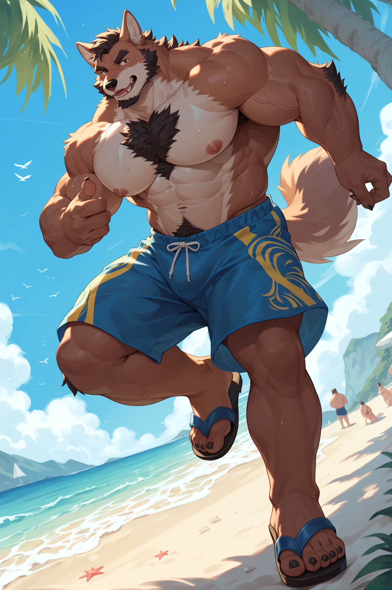 score_9,score_8_up,score_7_up,score_6_up,furry,kemono,high quality,full body,tail,furry,rating_explicit,embedding:zPDXL3 BREAK anthro male furry,solo,Animation style,
(very hairy chest, very hairy abdomen, pubic hair, hand hair, thigh hair, veins, bara, manly, mature man,sexy daddy),( beach, seaside party, swimsuit and shorts, crotch protrusion, sandals, walk, sexy eyes,  hot summer, sweat, body fluids, diving),wolf tail,