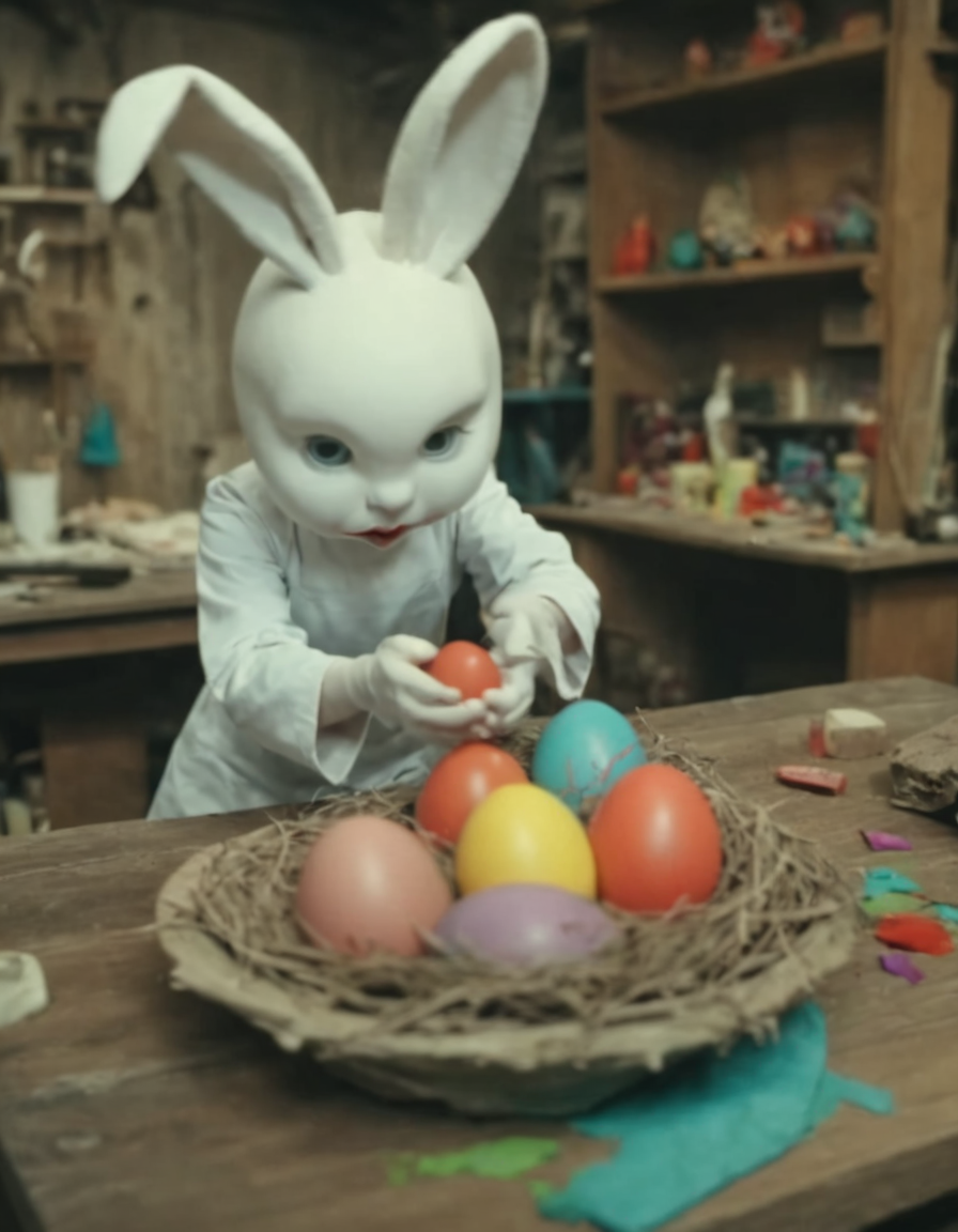 Masterpiece (wide angle shot) , Easterbunny crafting an incantation, (creating a little colorful magic egg in a nest:1.6), standing on an old carved table in a colorful factory laboratory. fantastic view. creepy and unsettling kids tv show  <lora:UNSTL_KIDS_TV_v2:1>