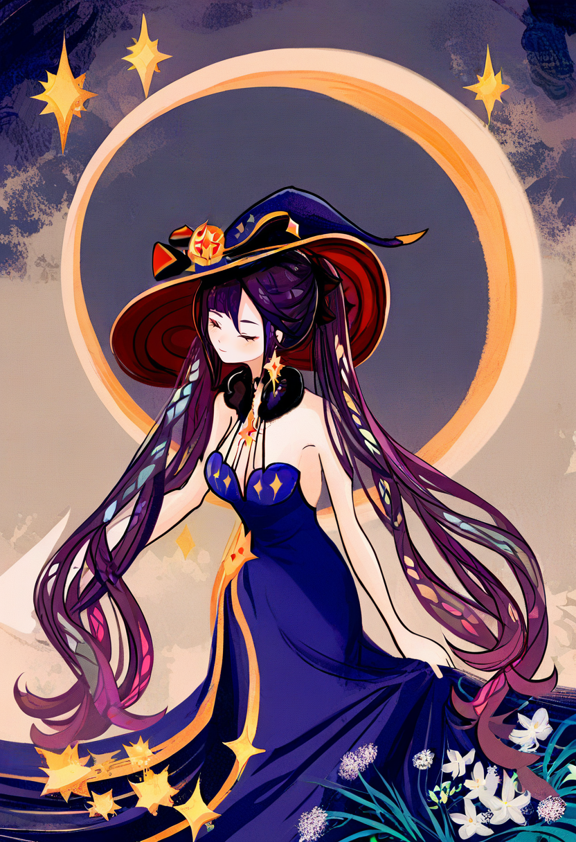 1girl, witch hat, solo, mona \(genshin impact\), hat, flower, dress, closed eyes, star \(symbol\), long hair, twintails, breasts, skirt hold, black hair, bangs, cleavage, holding, purple hair, very long hair, hat ornament, jewelry, strapless, smile, closed mouth, crescent, strapless dress, blue dress <lora:cqtlatteXL_NBVP1_lokr_V6311P:0.95>
