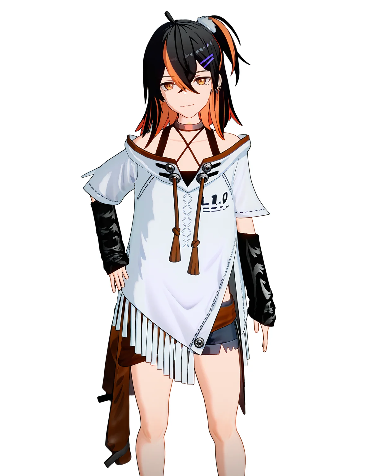<lora:naina_noob>,3dnaina,naina,1girl,solo,orange hair,black hair,white background,multicolored hair,hair ornament,simple background,hairclip,looking at viewer,hair between eyes,bangs,shorts,hand on hip,closed mouth,standing,collarbone,orange eyes,ahoge,detached sleeves,one side up,jewelry,feet out of frame,bare shoulders,smile,earrings,medium hair,
masterpiece,best quality,very aesthetic,absurdres,