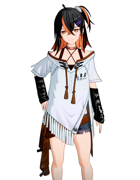 <lora:naina_noob>,3dnaina,naina,1girl,solo,orange hair,black hair,white background,multicolored hair,hair ornament,simple background,hairclip,looking at viewer,hair between eyes,bangs,shorts,hand on hip,closed mouth,standing,collarbone,orange eyes,ahoge,detached sleeves,one side up,jewelry,feet out of frame,bare shoulders,smile,earrings,medium hair,
masterpiece,best quality,very aesthetic,absurdres,