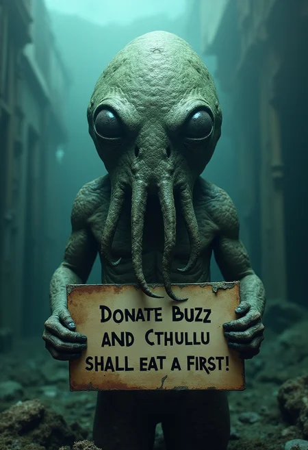 breathtaking photography, masterpiece of art, highest quality, 32k, intricate details, realistic skin texture, lovecraftian horror atmosphere in a sunken ancient ruined city where a fish scaled eldritch cthullu horror monster with a human body and an octopus-like face with tentacles for a mouth is holding a sign saying "Donate Buzz and Cthullu shall eat you first!" in its slimy webbed hands while facing the viewer.