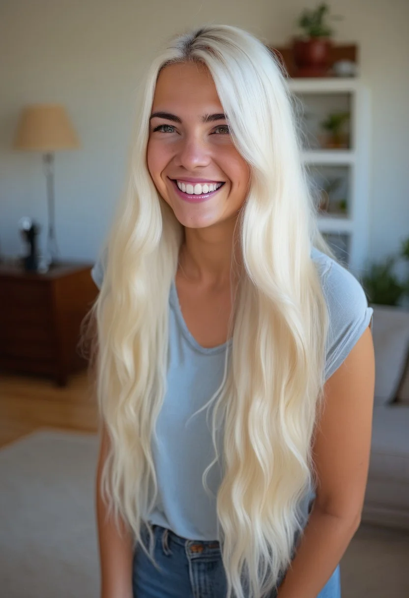 a 24 year old Caucasian woman with extra long platinum blond hair, stands in her living room with a big smile