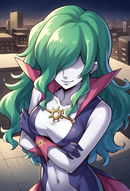 score_9, score_8_up, score_7_up, source_anime BREAK 1girl, solo,
<lora:zs_VivianXL:1> viviansmt, very long hair, green hair, hair over eyes, colored skin, bolero, collar, shoes, gloves,
city, rooftop, night, horizon, smile, looking at viewer, arms folded