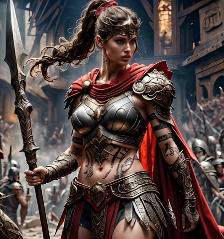 RAW photo, (masterpiece:1.3), subsurface scattering, heavy shadow, (high quality:1.4), (intricate, high detail:1.2), professional photography, HDR, High Dynamic Range, realistic, ultra realistic, photorealistic, high resolution, film photography, ambient lighting, atmospheric effects, <lora:detail_slider_v4:2>, OverallDetail, detailed face, detailed nipples <lora:Amazon:1>, 1girl, amazon, armor, breastplate, brown hair, cape, gauntlets, hand on hip, holding polearm, large breasts, medium breasts, midriff, navel, outdoors, ponytail, red cape, shoulder armor, solo, spear, tattoo,