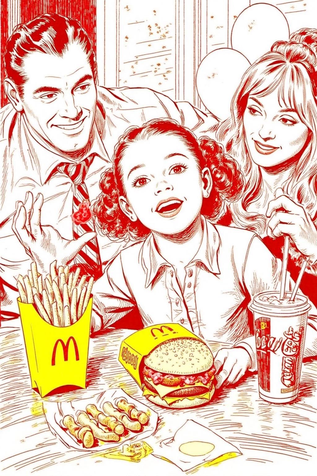 alexray1 drawing
 A four-year-old girl with twin pigtails is celebrating her birthday at McDonald's, a place that feels like a magical playground for children. The joy on her face is unmistakable as she sits at a table set with a colorful array of items: crispy McDonald's fries in a bright yellow packet, a refreshing cup of Coca-Cola, and a juicy hamburger wrapped in its iconic packaging. Her pigtails bounce playfully as she moves, adding to the lively atmosphere. The table is also adorned with festive decorations, including balloons and streamers that match the vibrant McDonald's red and yellow color scheme. Family members gather around, their smiles reflecting the warmth and love of the occasion. The lighting inside the restaurant is soft yet bright, creating a welcoming environment that highlights the happiness of the moment. This scene captures the pure delight and excitement of a young child's birthday celebration, set against the backdrop of a beloved fast-food chain, where simple pleasures bring immense joy  <lora:alexray1_nocap_d6a3:1.0><lora:815513774674057513:0>