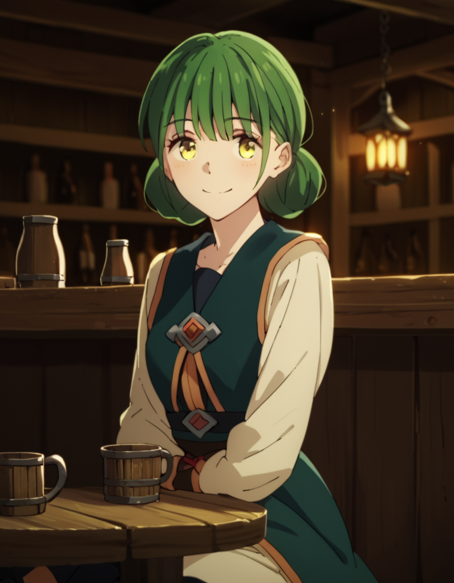 score_9, score_8_up, score_7_up, score_6_up, score_5_up, score_4_up, source_anime,  Rishia, green hair,   portrait, sitting, tavern, smile
