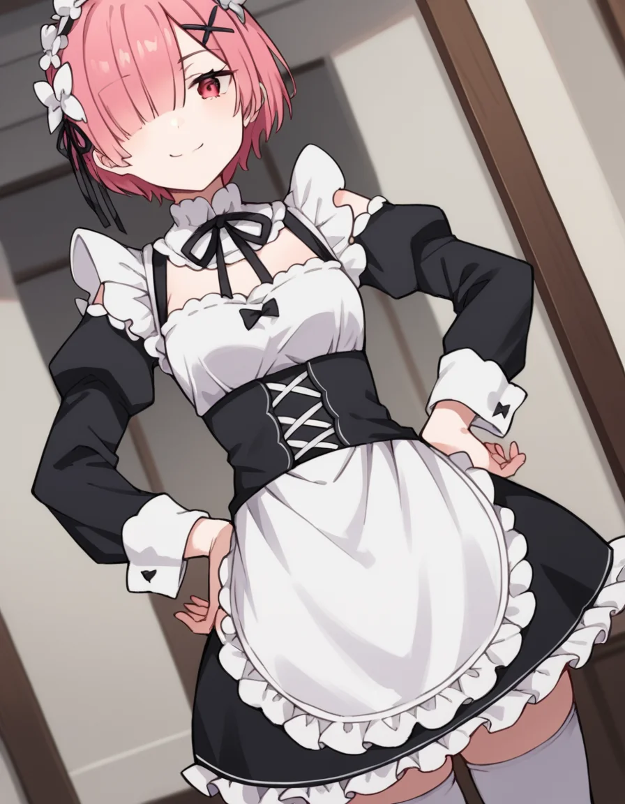 score_9, score_8_up, score_7_up, source_anime, <lora:rezero-ram-s1s2-ponyxl-lora-nochekaiser:1>, ram, hair flower, hair ornament, hair over one eye, pink hair, red eyes, short hair, x hair ornament,, apron, black bow, black dress, black ribbon, bow, detached sleeves, dress, frilled apron, frilled sleeves, frills, juliet sleeves, long sleeves, maid, neck ribbon, puffy sleeves, ribbon, roswaal mansion maid uniform, thighhighs, two-tone dress, waist apron, white bow, white dress, white thighhighs,, indoors, smug, smile, looking at viewer, solo, hands on hips,, cowboy shot, dutch angle