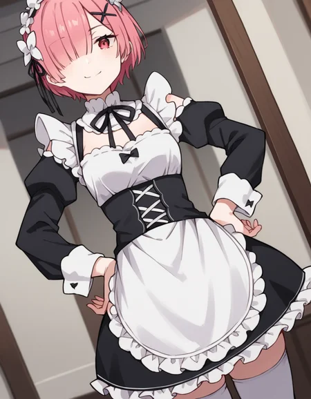 score_9, score_8_up, score_7_up, source_anime, <lora:rezero-ram-s1s2-ponyxl-lora-nochekaiser:1>, ram, hair flower, hair ornament, hair over one eye, pink hair, red eyes, short hair, x hair ornament,, apron, black bow, black dress, black ribbon, bow, detached sleeves, dress, frilled apron, frilled sleeves, frills, juliet sleeves, long sleeves, maid, neck ribbon, puffy sleeves, ribbon, roswaal mansion maid uniform, thighhighs, two-tone dress, waist apron, white bow, white dress, white thighhighs,, indoors, smug, smile, looking at viewer, solo, hands on hips,, cowboy shot, dutch angle