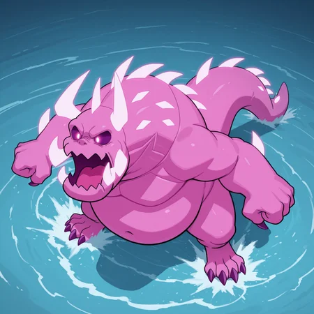 Monsteven, 2d, solo, 1boy, male, kaiju, monster, pink body, pink scales, pink skin, (glowing spikes, glowing eyes), horns, purple claws, toe claws, purple sclera, white pupils, tail, toe claws, digitigrade, spiked tail, chubby
BREAK standing, open mouth, yelling, from above, macro, outside, outdoors, on ocean, best quality, fist, amazing quality, very aesthetic, absurdres, newest, high quality, masterpiece,