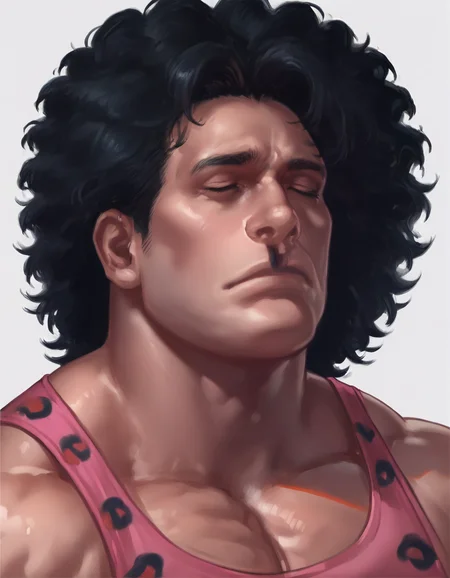 hugoandoreff, solo, 1boy, male focus, black hair,closed eyes, simple background, upper body, muscular, pink leopardprint tank top, <lora:hugo_andore_-_final_fight:0.8>
score_9, score_8_up, score_7_up, best quality, high quality, highly detailed, cel shading, source_cartoon, <lora:Smooth Style LoRA XL:1> , intricate detail