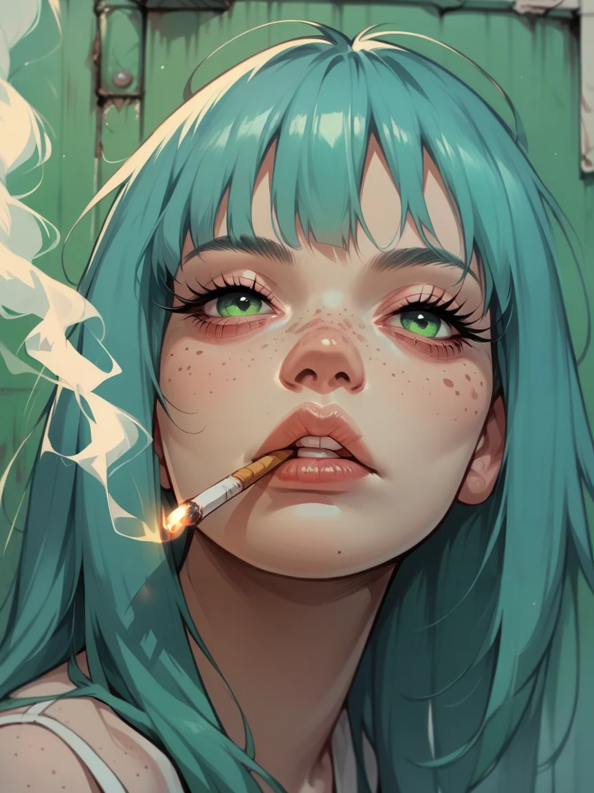 score_9, score_8_up, score_7_up, score_6_up, score_5_up, <lora:cigarette2XLP:1> 1girl, solo, cigarette, freckles, looking at viewer, smoking, holding, smoke, eyelashes, green eyes, lips, portrait, close-up, bangs, holding cigarette, parted lips, long hair, aqua hair, blue hair