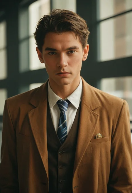 score_9, score_8_up, score_7_up, young man, 1800s, brown suit, watch, firm face, highly detailed, high contrast, film grain, superabsurd res, 8k