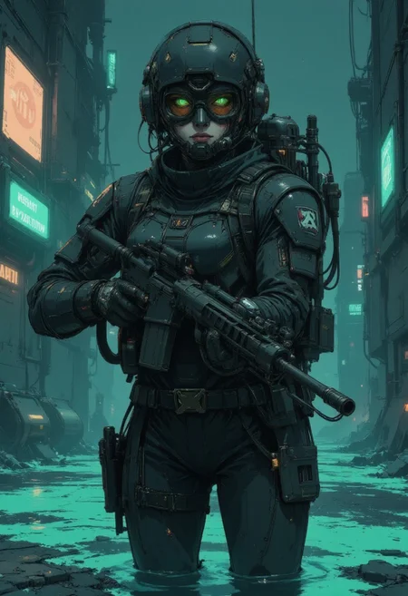 <lora:ck-ghost-reaper-000015:0.9>, This is a digital artwork in the style of ckgr, a woman combat diver wearing a dual mode diver mask with a mares backmount and scuba gear, partly submerged in glowing bioluminescent water , a_skynet_cyberdyne_craft, the image is featuring a
she is holding and aiming an AR15 assault rifle at the viewer.
nightstalker, outdoors, clear night sky, green nightvision tint color palette