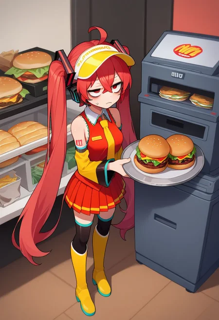 score_9, score_8_up, score_7_up, score_6_up, 1 girl, solo, miku hatsune, ahoge, red eyes, red hair, crossed bangs, hair between eyes, hair ornament, headphones, long hair, twintails, yellow necktie, yellow footwear, red skirt, yellow sleeves, boots, collared shirt, detached sleeves, red shirt, necktie, pleated skirt, shirt, skirt, sleeveless, sleeveless shirt, thigh boots, tie clip, McDsWorkerScenPDXL, mcdonalds, tired eyes, bags under eyes, exhausted, cash register, counter, fast food on tray, hamburger, wearing visor hat with mcdonalds logo