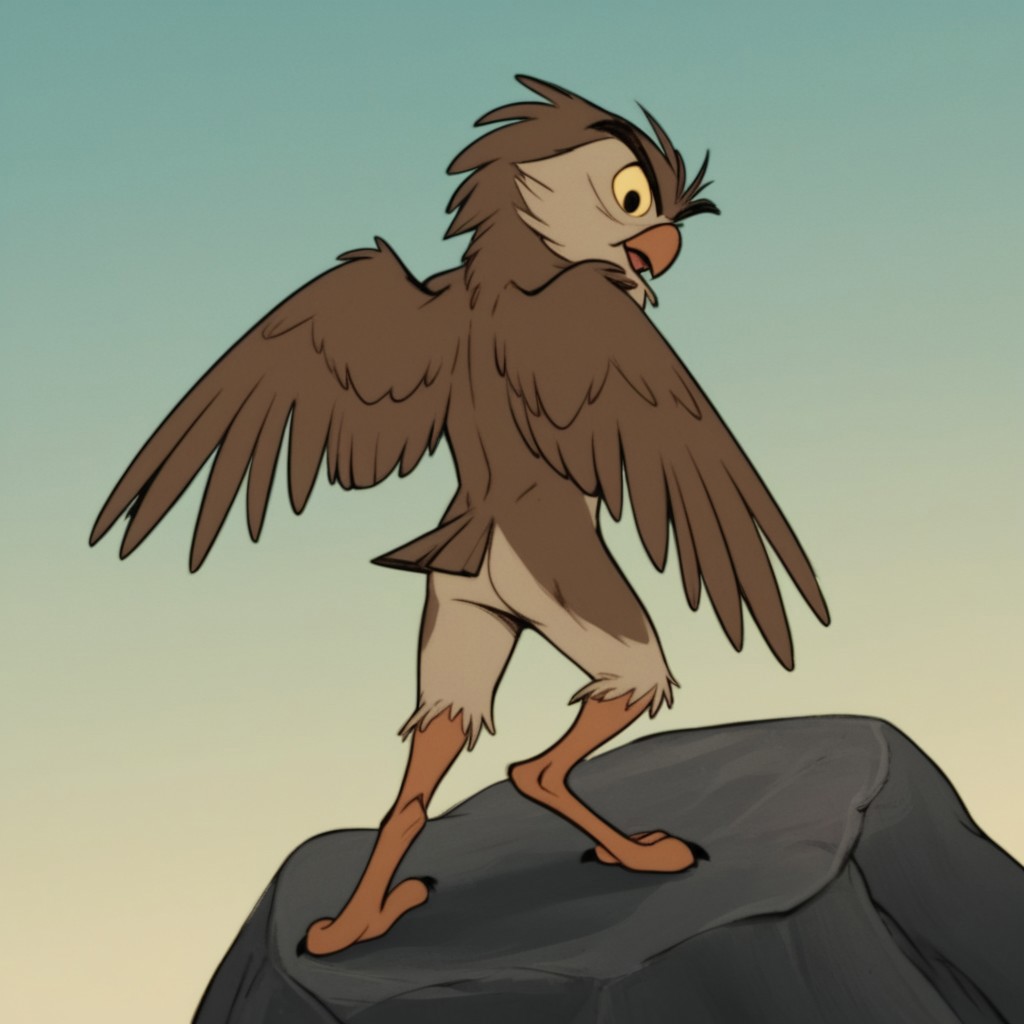 score_9, score_8_up, score_7_up, score_6_up, score_5_up, score_4_up, source_furry, Archimedesowl, anthro, male, owl, brown feathers, yellow sclera, black eyes, from behind, standing, on rock, looking back