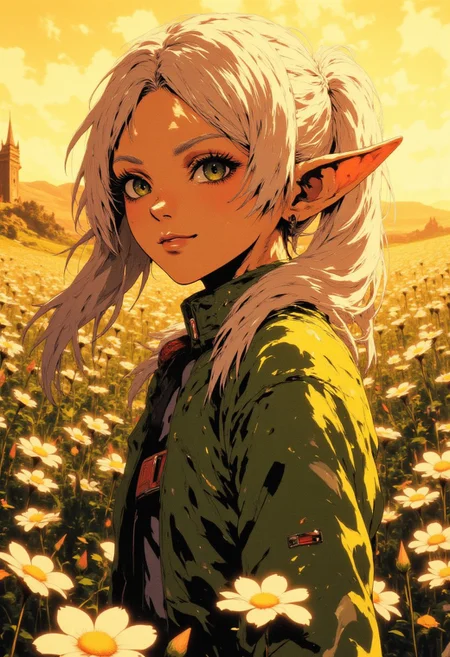 cinematic film still award winning photo of nereirfpnxl, frieren, elf, pointy ears, green eyes, white hair, twintails, standing in a field of white flowers during sunset,smiling,facing the viewer,wide depth of field, vignette, highly detailed, high budget, bokeh, cinemascope, moody, epic, gorgeous, film grain, grainy,anime, cyberpunk, Comic book style,CAICO