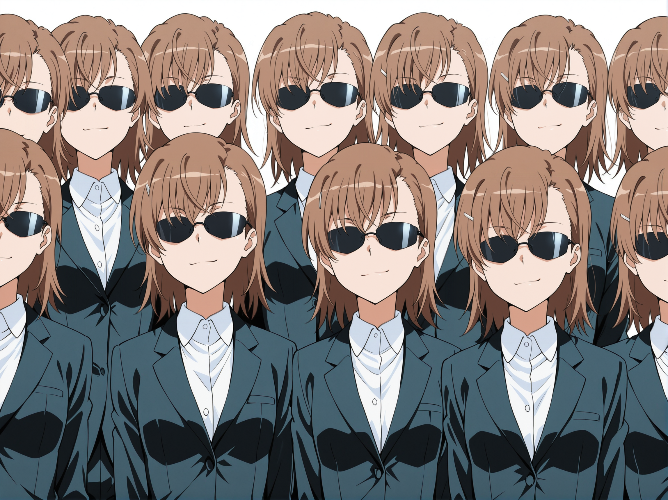 Smooth Quality - Illustrious,
anime, illustration,
misaka imouto,
<lora:glasses_Agent_Smith_V1L:1> agtsg, sunglasses, (covered eyes:1.2),
<lora:girls_lineup_IL:0.8> lineup, clone,
<lora:Toaru_Series_KD:0.7> toaru kagaku no railgun,
(mature female:0.8), perky breasts,
multiple girls, skinny, suit, 
<lora:Fixhands_anime_bdsqlsz_V1:1>
smirk, brown hair, 
girl focus,
simple background, white background, 
<lora:NSFWFilter_illusXL_Incrs_v1:-0.5>