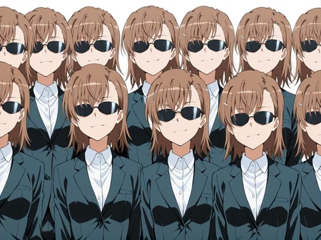Smooth Quality - Illustrious,
anime, illustration,
misaka imouto,
<lora:glasses_Agent_Smith_V1L:1> agtsg, sunglasses, (covered eyes:1.2),
<lora:girls_lineup_IL:0.8> lineup, clone,
<lora:Toaru_Series_KD:0.7> toaru kagaku no railgun,
(mature female:0.8), perky breasts,
multiple girls, skinny, suit, 
<lora:Fixhands_anime_bdsqlsz_V1:1>
smirk, brown hair, 
girl focus,
simple background, white background, 
<lora:NSFWFilter_illusXL_Incrs_v1:-0.5>