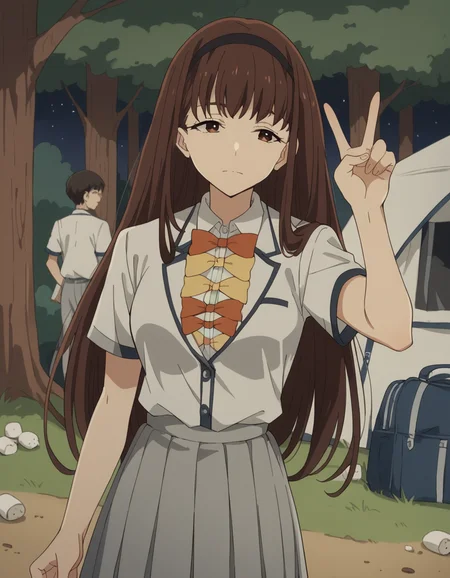 score_9, score_8_up, score_7_up, source_anime, <lora:hibari-houkobaru-s1-ponyxl-lora-nochekaiser:1>, hibari houkobaru, long hair, bangs, brown hair, brown eyes, hairband, black hairband, medium breasts,, shirt, bow, cleavage, school uniform, white shirt, short sleeves, collared shirt, skirt, pleated skirt, grey skirt, bowtie, yellow bowtie, orange bowtie, camping, bonfire, tent, stargazing, marshmallows, forest clearing, night, , , v, v over eyes,, solo,, cowboy shot, dutch angle