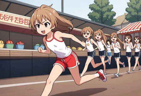 Aisaka_Taiga, flat chest, brown_eyes, running, festival, cheerful, tight shorts, dynamic, fast, competittion, sneakers, finish line, winning