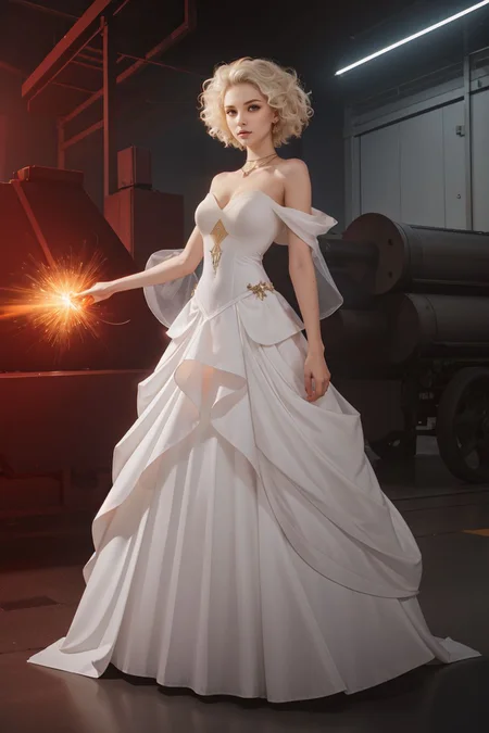 (fcPortrait:1.4) dynamic pose skinny 24 years old,  <lora:kodak_vision_daylight:0.8>,  cinematic industrial scene of large scale metal forge, (style of Nick Knight), [regal:industrial:0.7] evil queen in almost all white attire, standing with a commanding presence, golden cyborg mechanical hand glinting in the low light, intricate and polished, overlooking a massive industrial forge, the factory filled with heavy machinery and intense heat, metallic surfaces reflecting fiery hues, constructing mechwarrior/ED-209 inspired machines. Her gown is an elaborate blend of traditional and futuristic design, white flowing fabric with subtle metallic accents, high collar, adorned with delicate, glimmering embroidery. Sharp, angular shoulder pads, contrasting with the fluidity of her functional gown. Her expression is stern and unyielding, eyes piercing through the smoky haze, dark makeup accentuating her fierce gaze. Surrounding her are towering robotic constructs, gears and pistons moving rhythmically, sparks flying as metal is forged and shaped, glowing molten metal. Robotic manufacturing machine arms curl in the distance. The atmosphere is dense with smoke and the scent of molten metal, creating a stark contrast to her pristine appearance, a juxtaposition of purity and raw industrial power. full body dynamic pose, full length, wide shot, entire person, standing, head to toe, long shot, distant view, (chin-length short hair, bleached white-colored hair, curly hair, center part:1.63), BREAK (24 years old feminine seductress, young european woman:1.42), BREAK (Oval-shaped face, luminous complexion, glowing aqua+ almond-shaped eyes, thin brows, small upturned nose, thin supple lips:1.23), volumetric lighting, subsurface scattering, (special effects, color grading, fantasy aura)