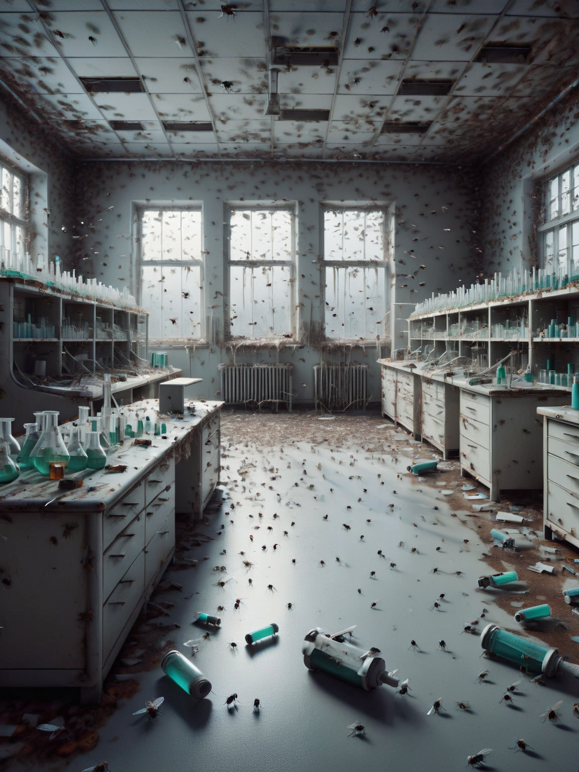 An abandoned scientific laboratory with scattered equipment and broken test tubes, the benches and floors crawling with ais-flyz, suggesting a science experiment gone eerily wrong <lora:Flies_Style_SDXL:1>