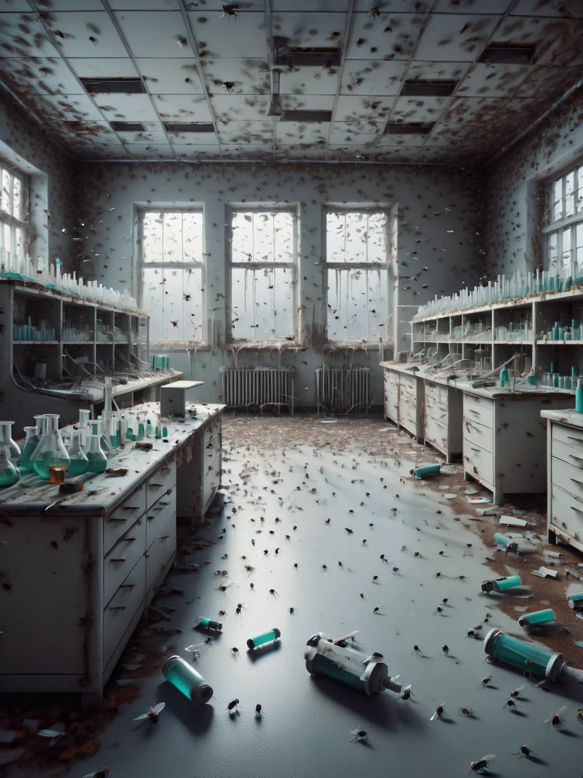 An abandoned scientific laboratory with scattered equipment and broken test tubes, the benches and floors crawling with ais-flyz, suggesting a science experiment gone eerily wrong <lora:Flies_Style_SDXL:1>