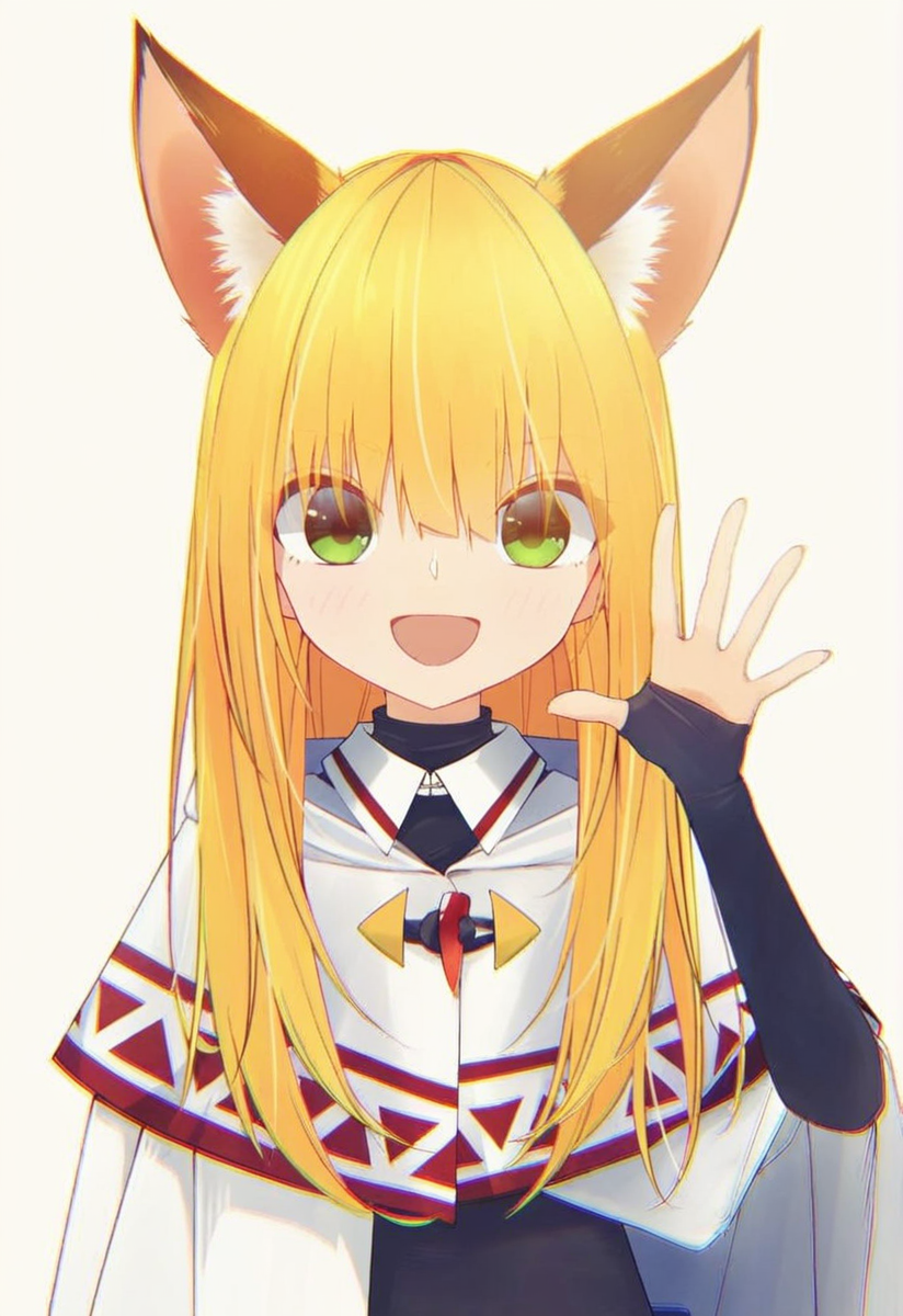 <lora:Katen:1>, KTNSTYLE, 1girl, :d, animal ear fluff, animal ears, bangs, blonde hair, capelet, eyebrows visible through hair, fingerless gloves, fox ears, gloves, gradient, gradient background, green eyes, hand up, long hair, long sleeves, looking at viewer, open mouth, smile, solo, upper body, waving