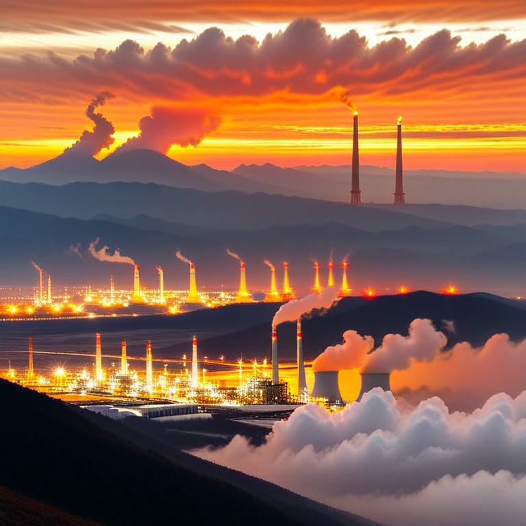 a dense layer of gray clouds illuminated in red from above, a small golden sun, light gray mountains in the distance on the horizon among which power plants can be seen, closer gray mountains on the horizon among which power plants can be seen, black mountains on the horizon among which power plants can be seen,