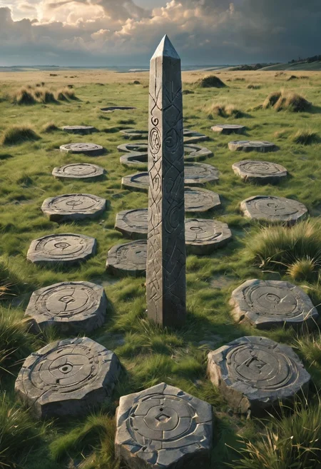Legendary metal sword standing vertically, blade-down in a hexagonal stone, centered in a perfect circle of identical runestones, each aligned with its counterpart across the circle, set in a vast plain where the landscape forms concentric, symmetrical rings of different terrains (grass, water, rock) extending to the horizon, under a sky where clouds form perfect symmetrical patterns.
 style of greg rutkowski,janek sedlar,jenny saville:0]  <lora:vivid_everclear:0.35>  <lora:Sinozick:0.35>  <lora:MJ52:0.35>
