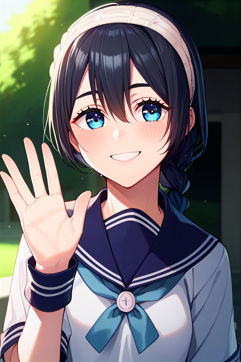 score_9, score_8_up, score_7_up, score_6_up, score_5_up, score_4_up, rating_questionable, , source_anime, digital illustration, pixiv, fanbox, uncensored, , BREAK, official art,
1girl, solo, female, amanai riko, black hair, braid, headband, blue eyes, anime screencap,
school uniform, white serafuku, upper body, waving, blush, light smile, outdoors, cowboy shot, looking at viewer, colorful, vivid   <lora:Amanai_Riko_Pony2-10:0.8>