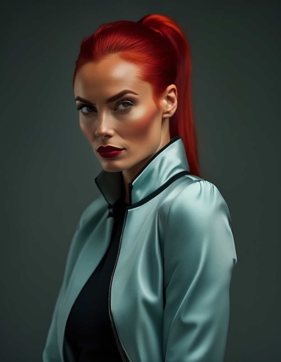 A confident portrait of a woman with fiery red hair pulled into a sleek ponytail, her angular face and intense brown eyes exuding power and focus, her lips curled into a slight smirk as she meets the viewers gaze. <lora:usual-portrait-v2:1>