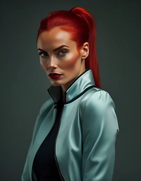 A confident portrait of a woman with fiery red hair pulled into a sleek ponytail, her angular face and intense brown eyes exuding power and focus, her lips curled into a slight smirk as she meets the viewers gaze. <lora:usual-portrait-v2:1>