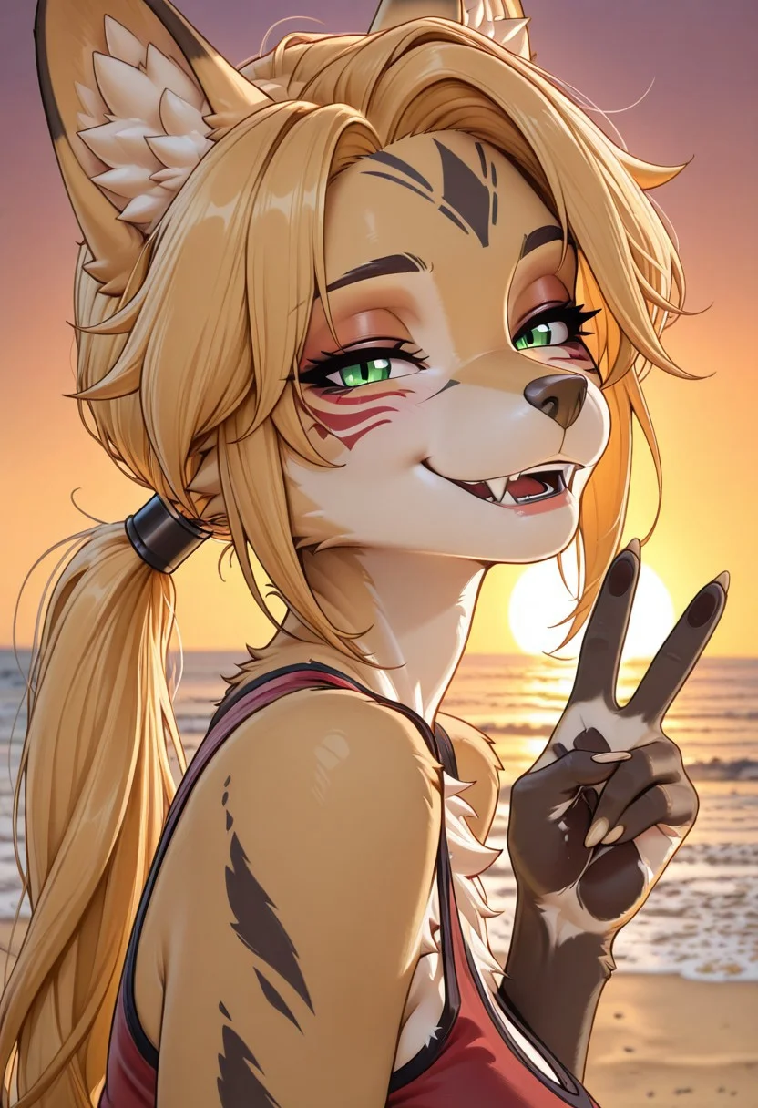 masterpiece, best quality, amazing quality, very aesthetic, absurdres, newest, 1girl, solo, <lora:pulchra_fellini_ilxl_goofy:0.9> pulchra fellini, animal ears,animal ear fluff, furry, furry female, green eyes,facial mark, multicolored fur, blonde hair, animal nose, ponytail, from side, looking at viewer, sunset, beach, teasing, seductive, eyes half closed, smiling, visible teeth, fangs, waist-up portrait, cheerful, red tank top, backlight, peace sign pose, aidmaHyperrealism