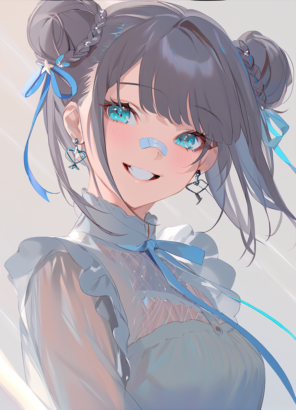 masterpiece,best quality,<lora:sd_xl_dpo_lora_v1-128dim:1>,1girl,solo,bandaid,smile,bandaid on face,looking at viewer,braid,double bun,earrings,bandaid on nose,ribbon,hair ornament,bandages,jewelry,upper body,aqua eyes,grin,long hair,see-through,hair bun,bangs,blush,blue eyes,from side,teeth,, ask \(askzy\),(masterpiece:1,2),best quality,blank background,Cinematic Lighting,<lora:jiuXL:1>,
