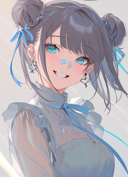 masterpiece,best quality,<lora:sd_xl_dpo_lora_v1-128dim:1>,1girl,solo,bandaid,smile,bandaid on face,looking at viewer,braid,double bun,earrings,bandaid on nose,ribbon,hair ornament,bandages,jewelry,upper body,aqua eyes,grin,long hair,see-through,hair bun,bangs,blush,blue eyes,from side,teeth,, ask \(askzy\),(masterpiece:1,2),best quality,blank background,Cinematic Lighting,<lora:jiuXL:1>,