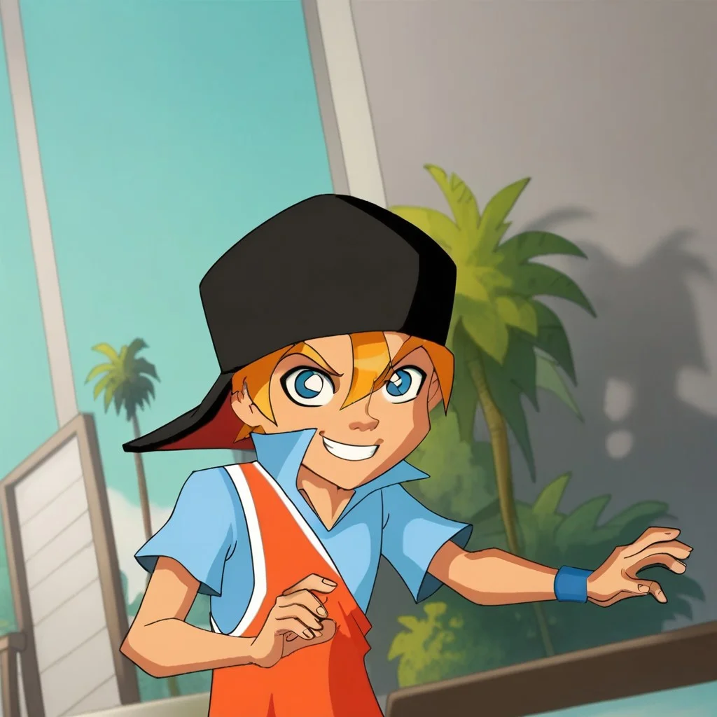 1boy, solo, leo, black cap, blonde hair, cyan eyes, smile