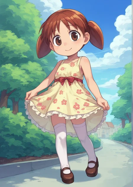 score_9, score_8_up, score_7_up, score_6_up, source_anime, zPDXL, <lora:ALTXL_pony_0061_8:2>, BREAK
1girl, solo, <lora:Mihama_Chiyo_Chiyo-Chan:0.9> chiyo, twintails, Auburn hair, brown eyes, short twintails, little girl, child, standing on a mossy rock, admiring a rainbow in the sky, Brunch, Floral Dress, Wedges, Sheer Stockings