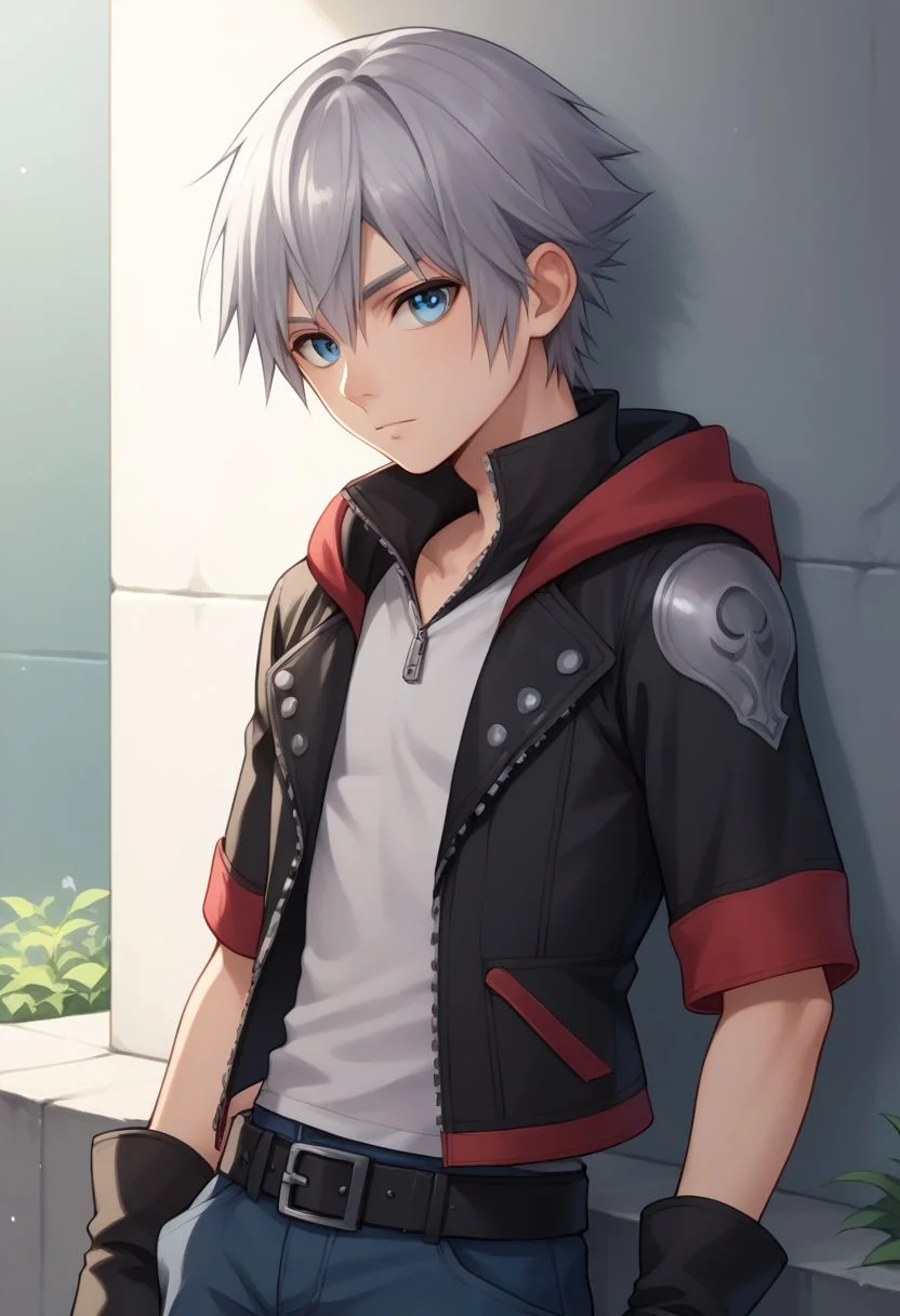 score_9, score_8_up, source_anime, highly detailed, 1boy, solo, male_focus slender, skinny, human child,
riku, 1boy, male focus, solo, gloves, fingerless gloves, boots, hood, jacket, black gloves, belt, zip, silver hair, blue eyes, upper body,
outdoor,