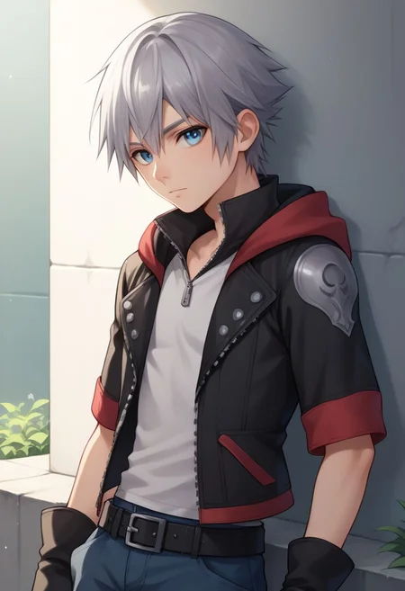 score_9, score_8_up, source_anime, highly detailed, 1boy, solo, male_focus slender, skinny, human child,
riku, 1boy, male focus, solo, gloves, fingerless gloves, boots, hood, jacket, black gloves, belt, zip, silver hair, blue eyes, upper body,
outdoor,