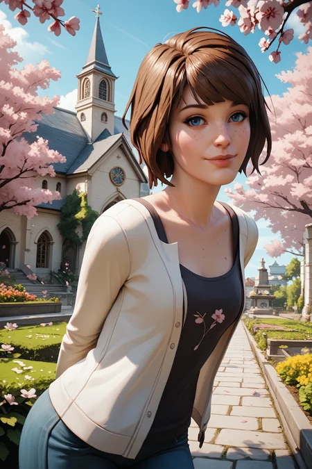 score_9, score_8_up, score_7_up,
<lora:LISMax:0.8>
LISMax, 1girl, brown hair, blue eyes, short hair, freckles, looking at viewer, arms behind back, leaning forward, standing, outdoors, cherry blossoms, smile, garden, church