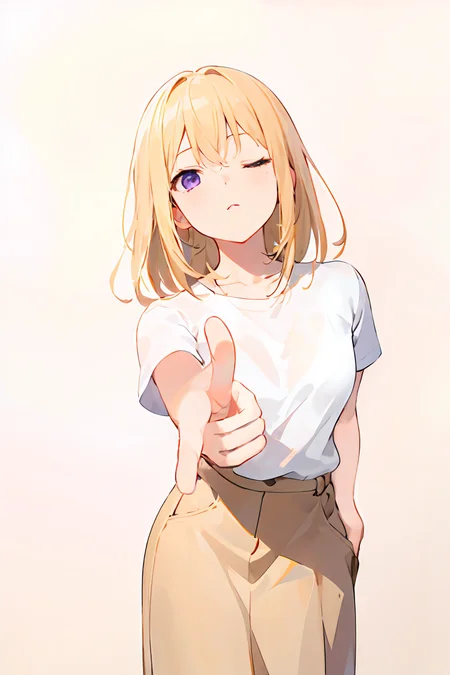masterpiece,best quality,absurdres,1girl,solo,front view,white background,looking_at_viewer,solo,white background,standing,full body,
one eye closed,pointing at viewer with finger_gun,finger_gun,<lora:char-mygoä¸è§åè¯ Misumi Uika (Bang dream! Ave Mujica):0.7>,misumi uika,white shirt,brown skirt,short sleeves,