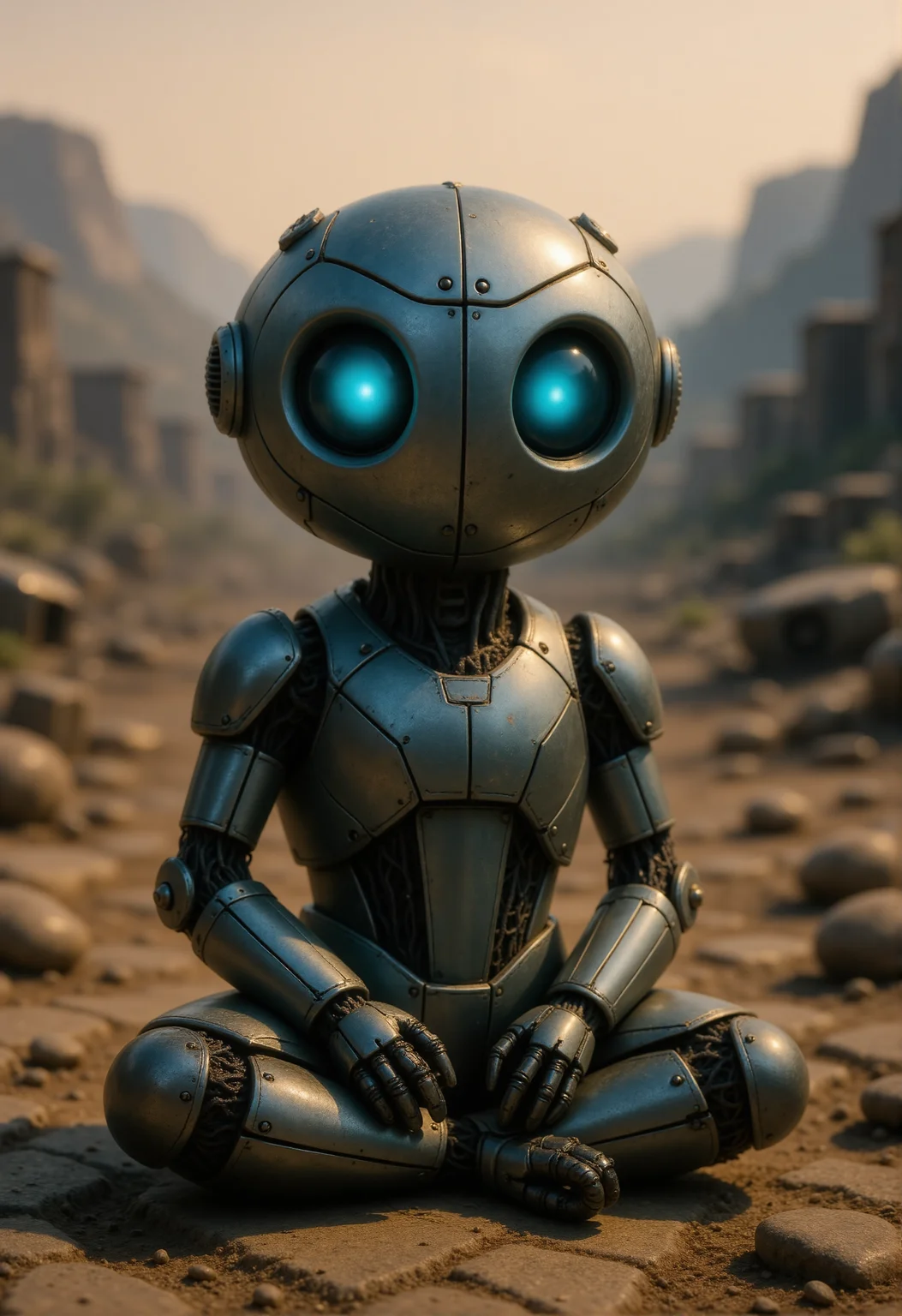 A small Kodama forest spirit sits quietly on cracked, dusty ground in a barren wasteland. Its body is made of smooth, metallic plates with visible joints and rivets, colored in muted grays and worn steel blues with patches of rust. Its head is rounded and robotic, featuring glowing blue eyes set into a smooth faceplate. Thin cables and small vents are visible along its limbs. The Kodamaâs posture is relaxed, with its hands resting on its knees. The background shows a desolate landscape of cracked earth, scattered debris, and twisted metal remnants under a hazy, orange-tinted sky. <lora:Kodama_V1:1>